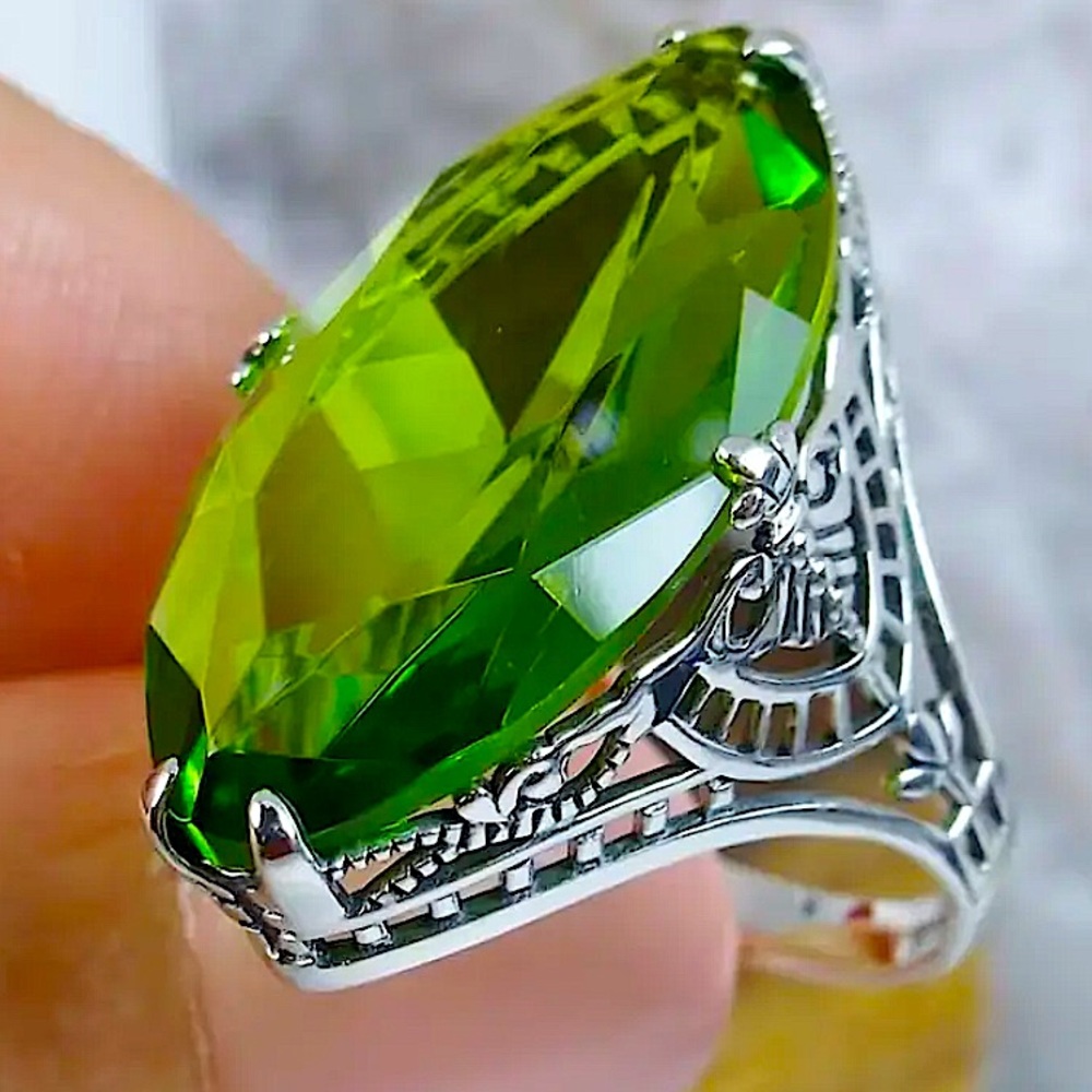 Sterling Silver Peridot Zircon Ring, Large Stone, Cocktail